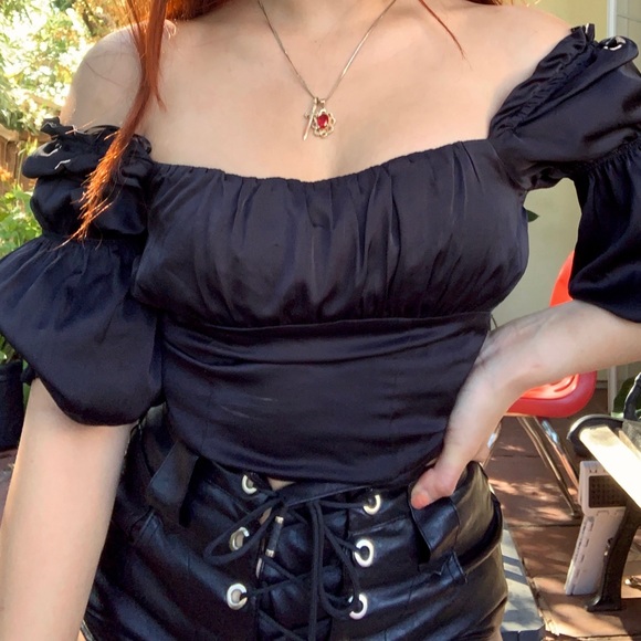 SATIN BLACK RUCHED TOP - Picture 2 of 3